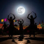 garba dance silhouettes under full moon navratri festival night scene people performing traditional glowing 399809193